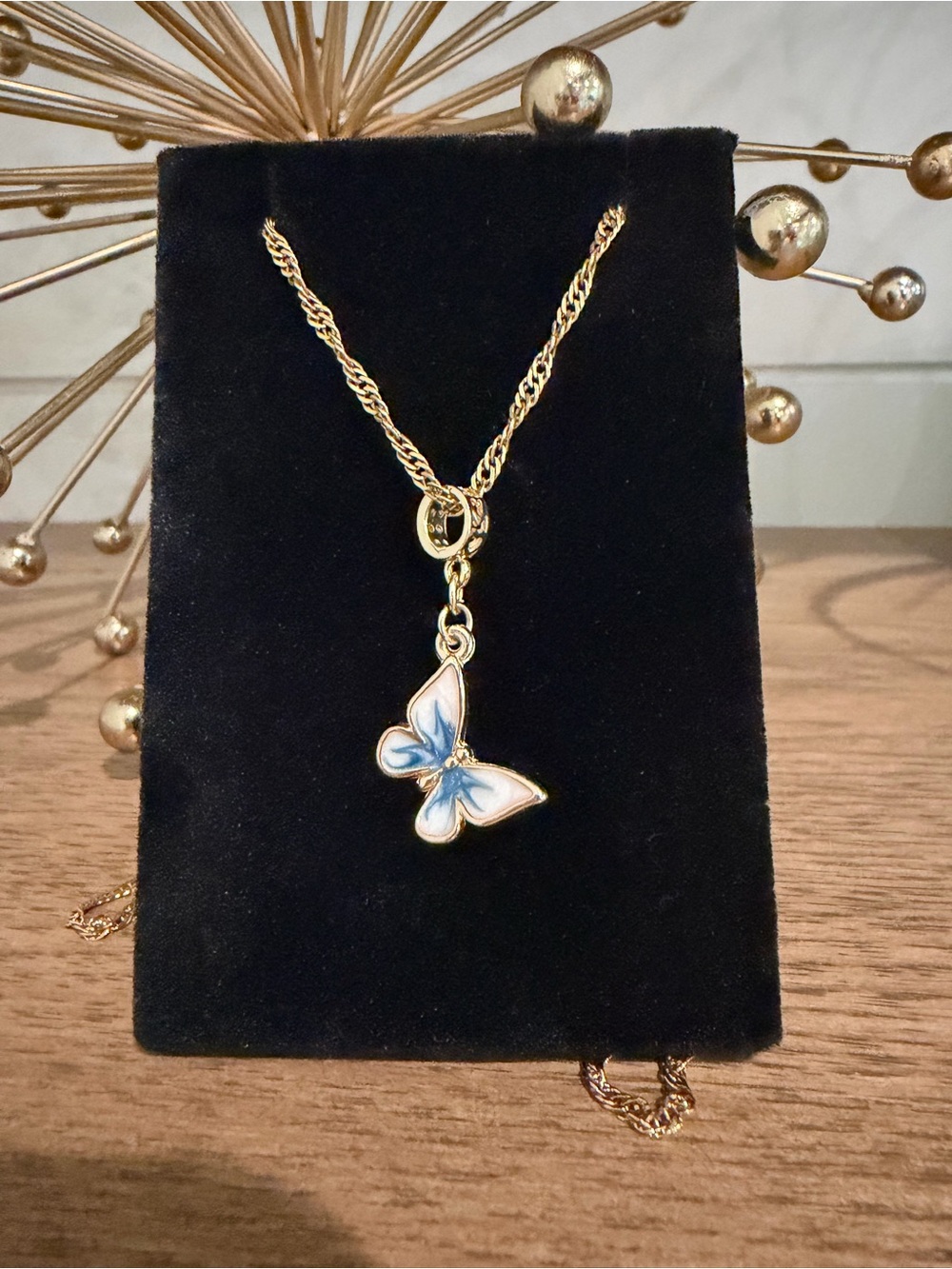 Gold-Plated Butterfly Pendant Necklace with Blue Enamel